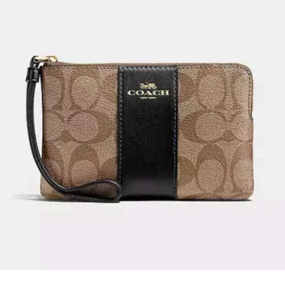 Coach Corner Zip Leather Wristlet Signature Canvas Gold Zipper Khaki Black